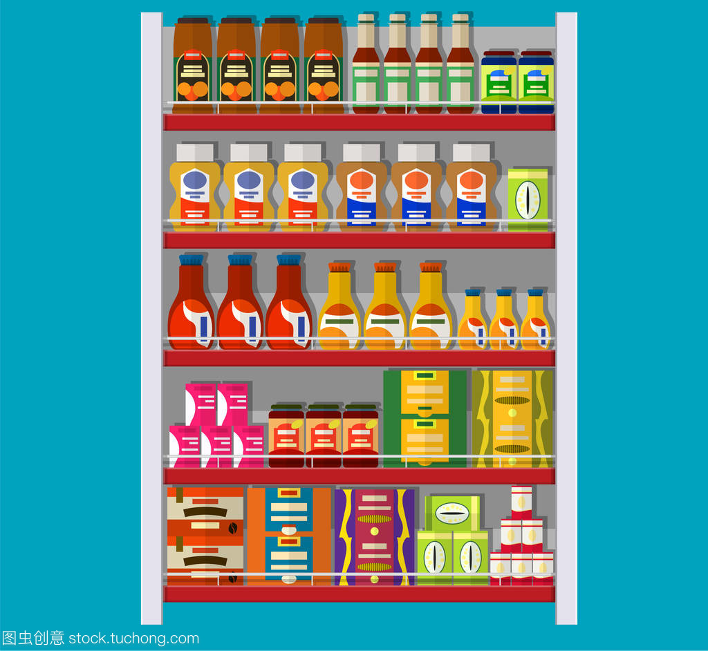 超市货架上的丰富杂货与食品世界
